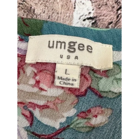 Umgee USA Womens Tunic Top Teal Floral 3/4 Sleeve Keyhole Neckline Size L‎ - Picture 4 of 9